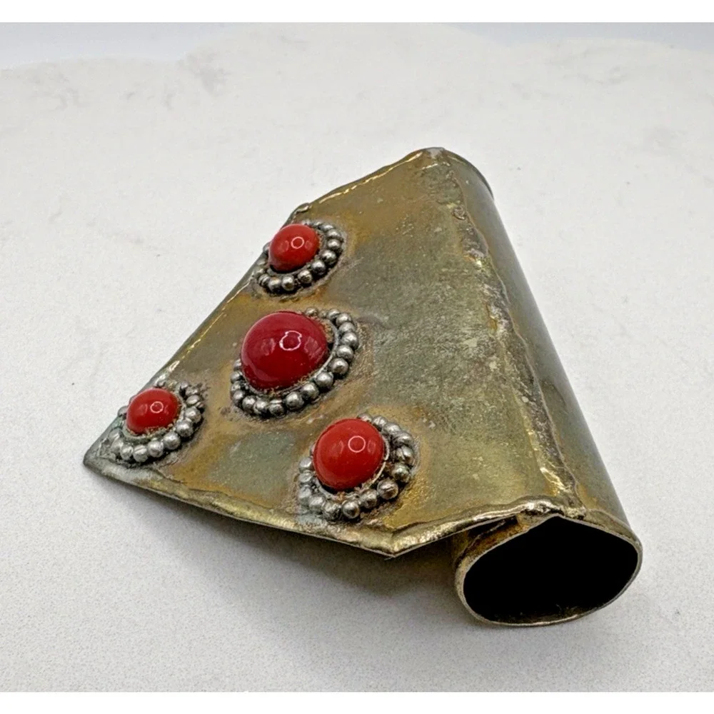 Large Antique Yemeni Brass Coral Hand Made Pendant Judaica Folk Tribal Gypsy Art
